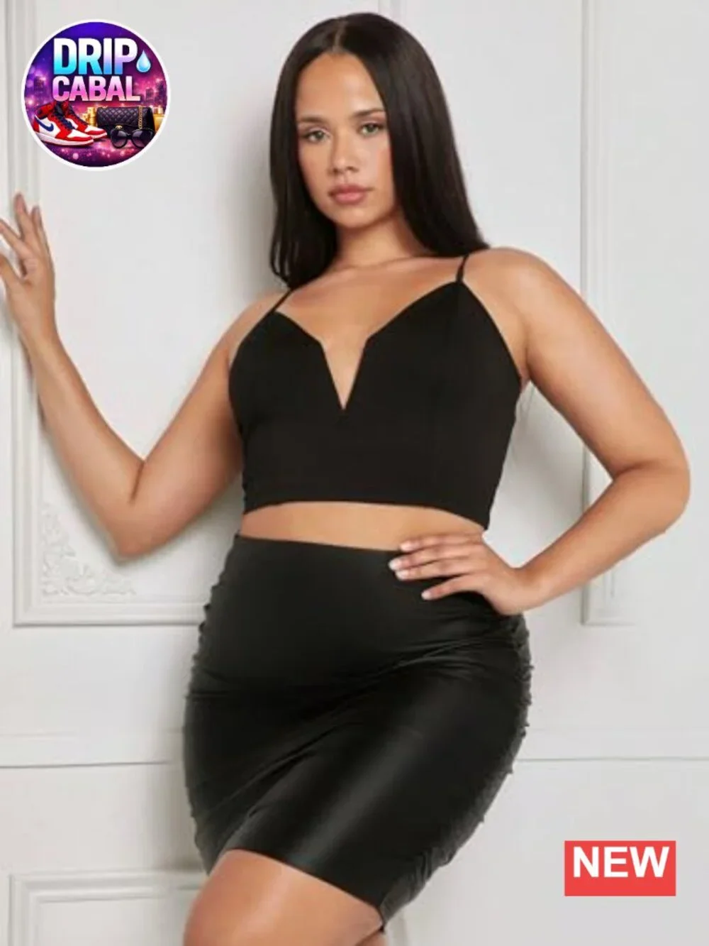 Plus Size High Waist Ruched PU Leather Stretch Bodycon Skirt
